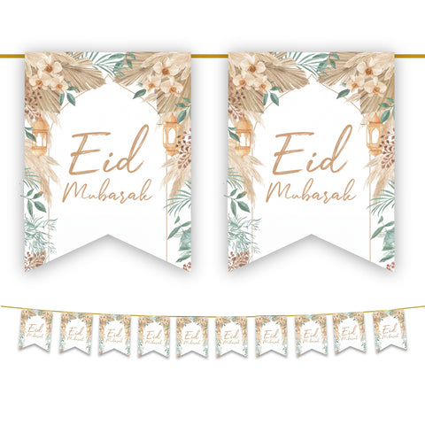 Eid Mubarak Bunting - Neutral Rustic Floral Flags Decoration