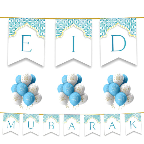 EID Mubarak 20 pc Decoration Set - Teal & White
