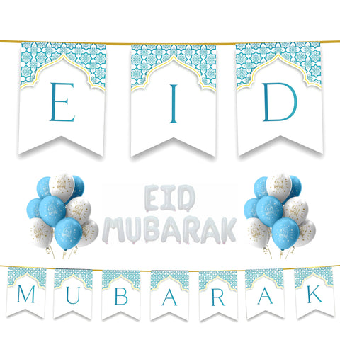 EID Mubarak 30 pc Decoration Set - Teal & White