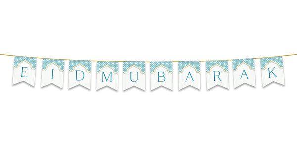 Eid Mubarak Bunting - Teal & White Letters Flags Decoration