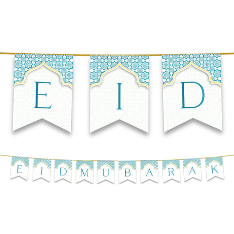 Eid Mubarak Bunting - Teal & White Letters Flags Decoration