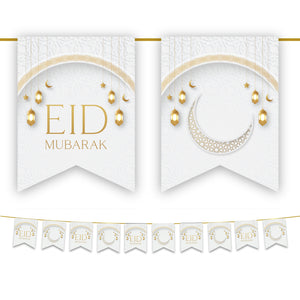 Eid Mubarak Bunting - White & Gold Lanterns Flags Decoration