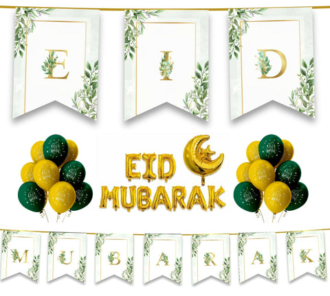 EID Mubarak 31 pc Decoration Set - Green & Gold Forest Leaves