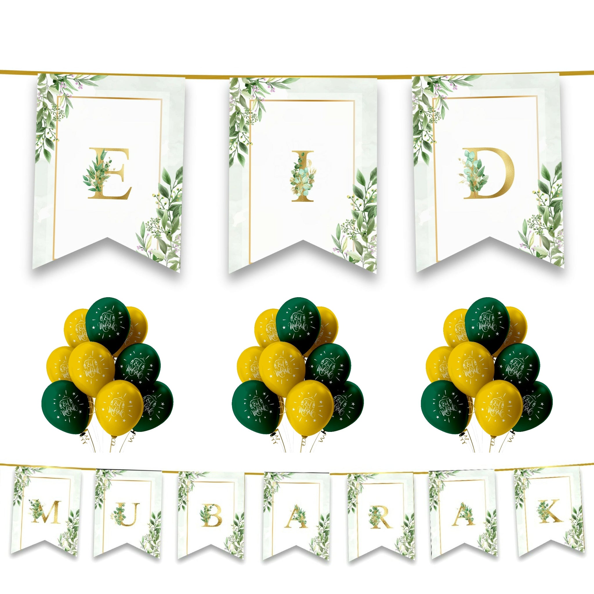 EID Mubarak 20 pc Decoration Set - Green & Gold Forest Leaves