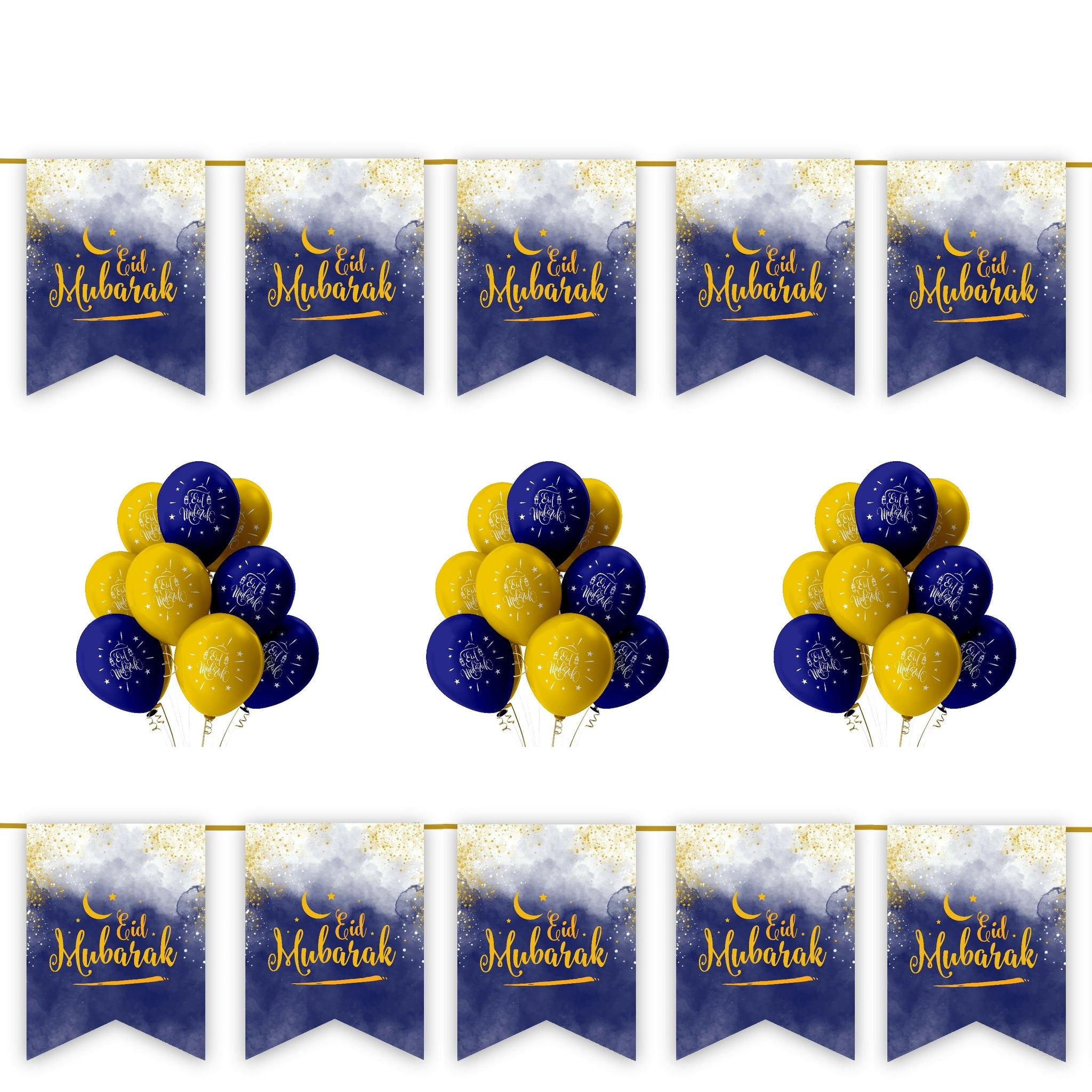 EID Mubarak 20 pc Decoration Set - Blue, White & Gold Watercolour Ombre