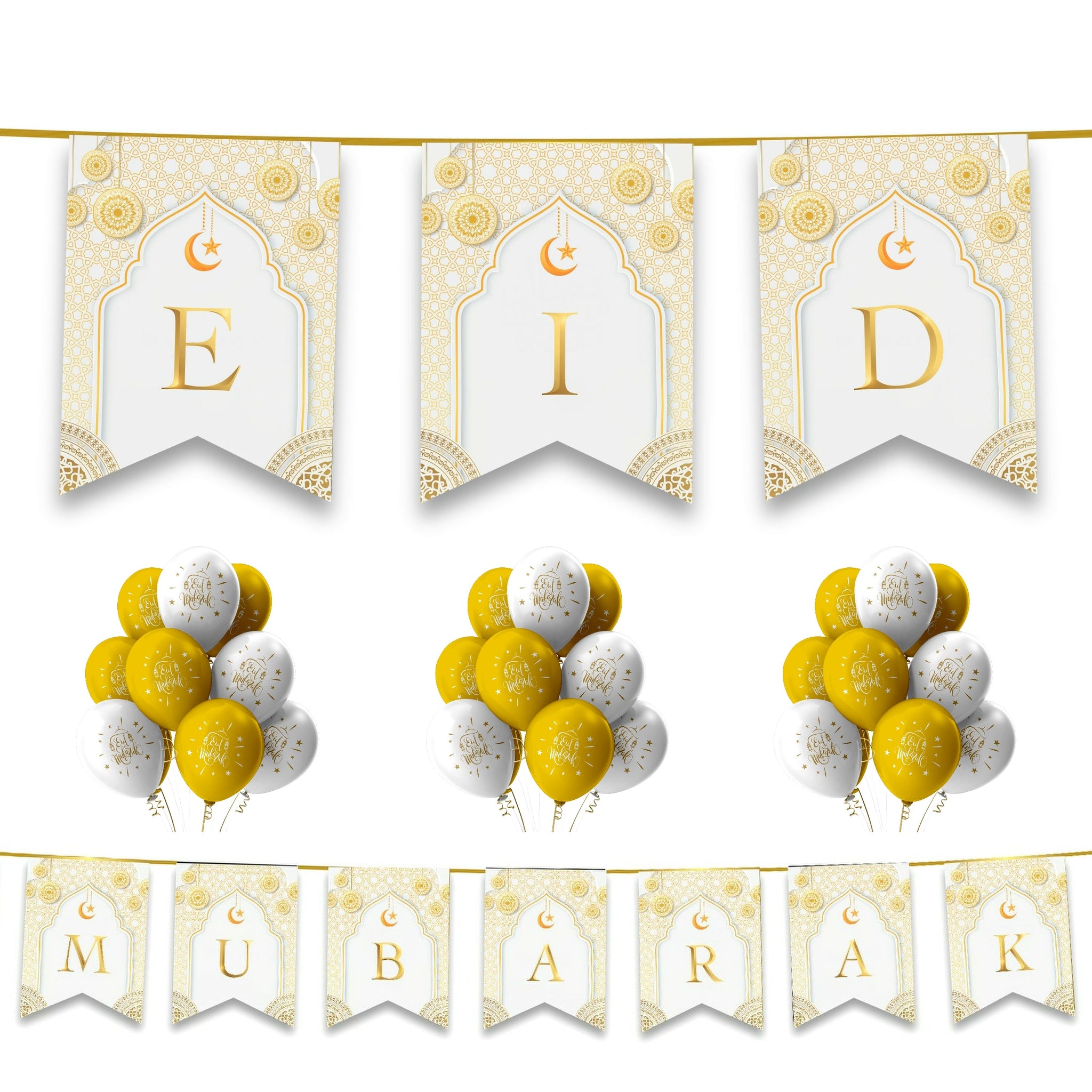 EID Mubarak 20 pc Decoration Set - White & Gold Geometric Arabesque
