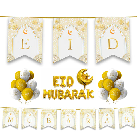 EID Mubarak 31 pc Decoration Set - White & Gold Geometric Arabesque