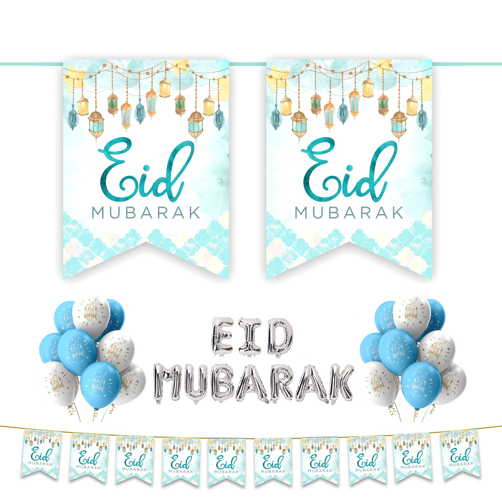 EID Mubarak 30 pc Decoration Set - Blue & White Lanterns