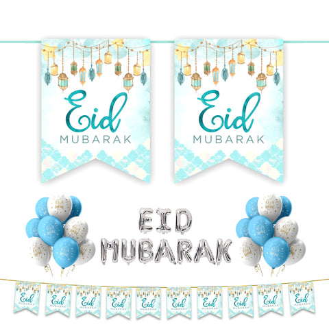 EID Mubarak 30 pc Decoration Set - Blue & White Lanterns