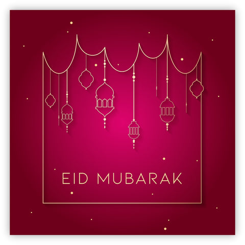 Eid Mubarak Card - Red & Gold Hanging Lanterns