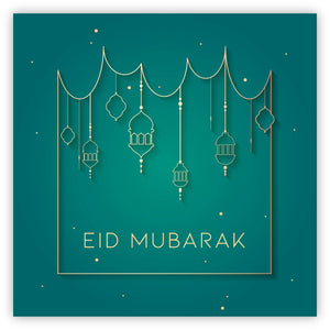 Eid Mubarak Card - Teal & Gold Hanging Lanterns