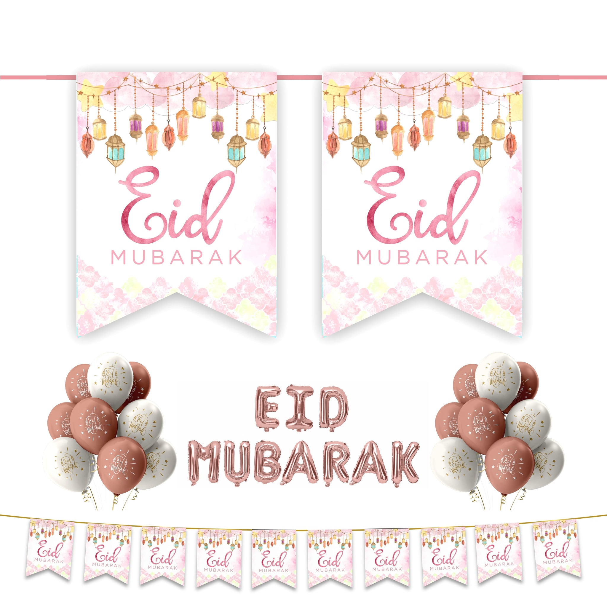 EID Mubarak 30 pc Decoration Set - Pink Watercolour Lanterns