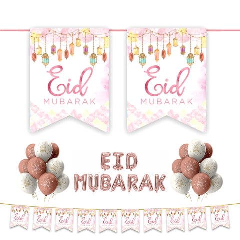 EID Mubarak 30 pc Decoration Set - Pink Watercolour Lanterns
