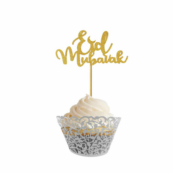 Eid Mubarak Glitter Cupcake Toppers (Pack of 10) - Gold