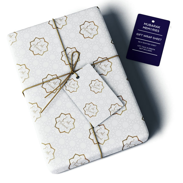 Eid Mubarak Gift Wrap Sheet - White & Gold Geometric