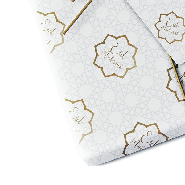 Eid Mubarak Gift Wrap Sheet - White & Gold Geometric