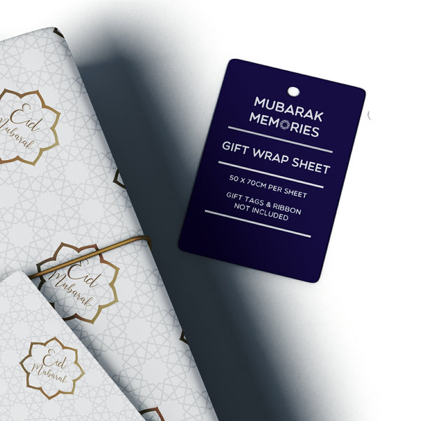 Eid Mubarak Gift Wrap Sheet - White & Gold Geometric