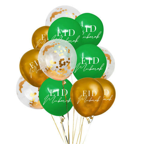 Eid Mubarak Balloons - Green, Gold & Clear Confetti