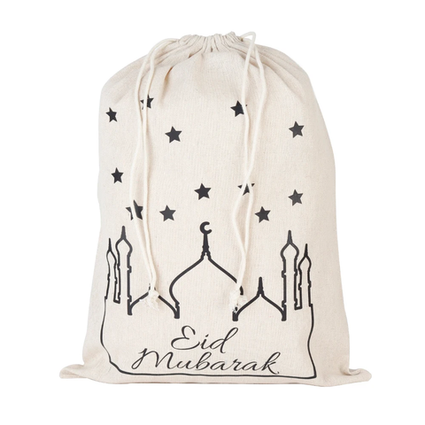 Eid Mubarak Tote Jute Drawstring Sack Bag - Mosque Stars