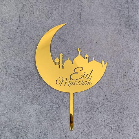 Eid Mubarak Mosque and Moon Crescent Cake Topper - Gold