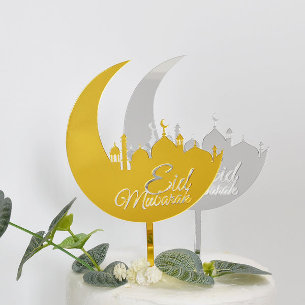 Eid Mubarak Mosque and Moon Crescent Cake Topper - Gold