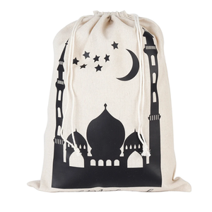 Eid Mubarak Tote Jute Drawstring Sack Bag - Black Solid Mosque Star