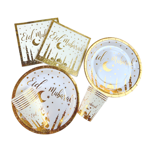 Eid Mubarak Plate, Cup and Napkin Set - Gold Mosque & Star
