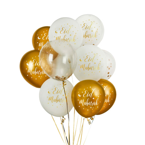 Eid Mubarak Balloons - Moon & Star - White, Clear & Gold Confetti