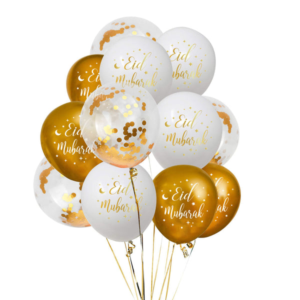 Eid Mubarak Balloons - Moon & Star - White, Clear & Gold Confetti