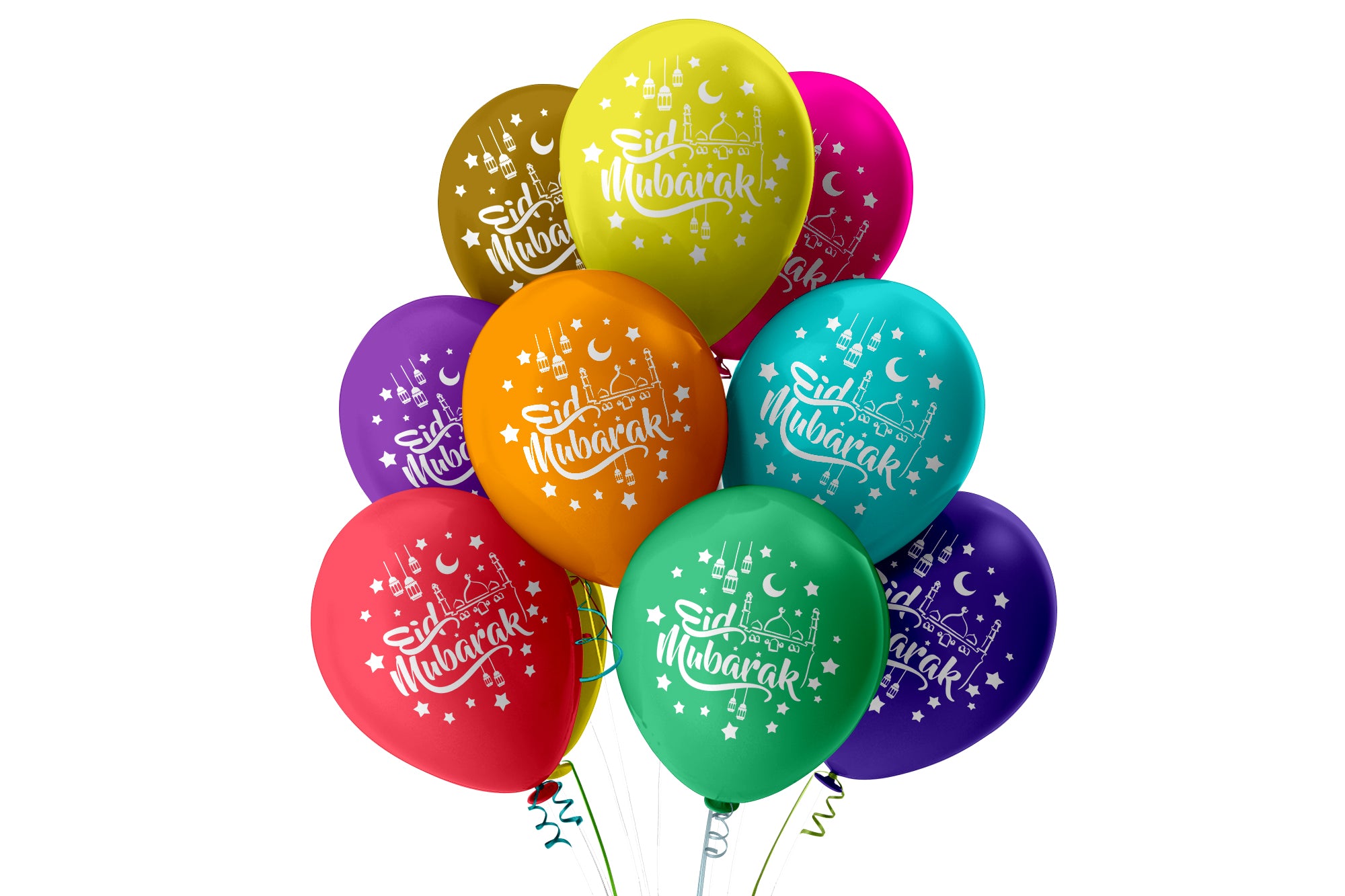 Eid Mubarak Balloons - Moon, Star, Domes & Hanging Lanterns - Multicolour