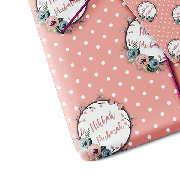 Nikkah Mubarak Gift Wrap Sheet - Polka Dot (Pink Floral)