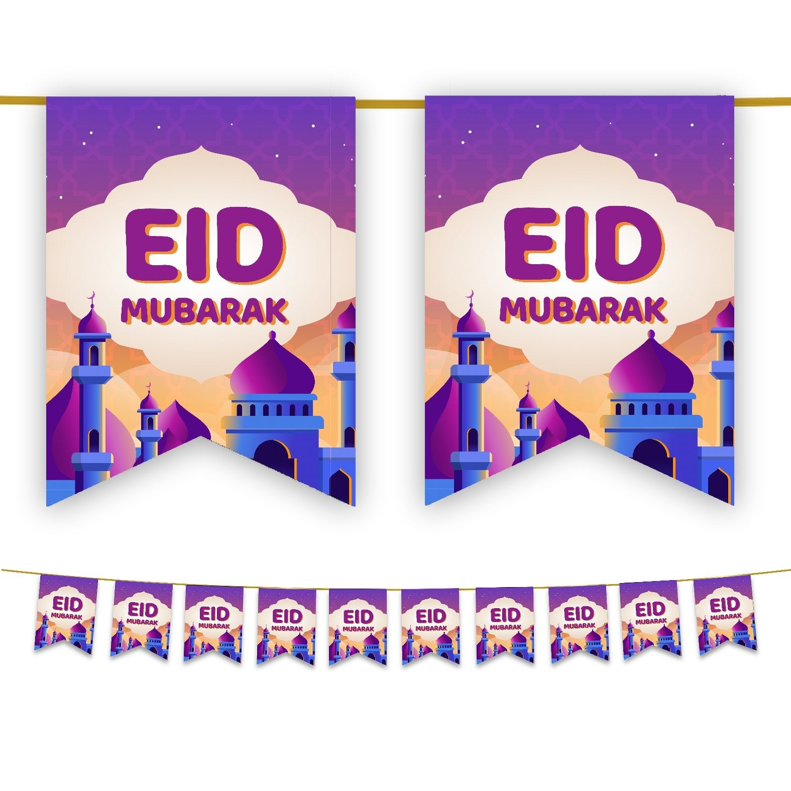 Eid Mubarak Bunting - Purple & Gold Sunset Mosque Flags Decoration