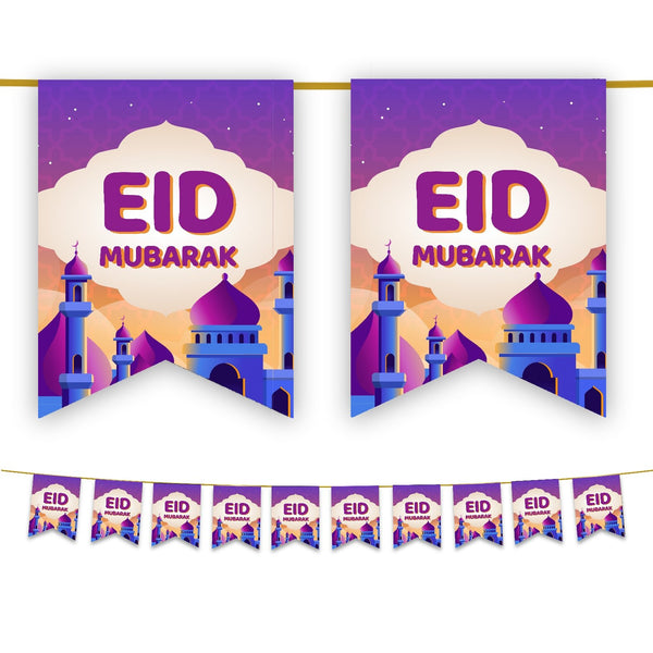 Eid Mubarak Bunting - Purple & Gold Sunset Mosque Flags Decoration