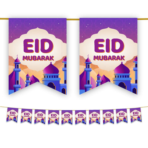 Eid Mubarak Bunting - Purple & Gold Sunset Mosque Flags Decoration