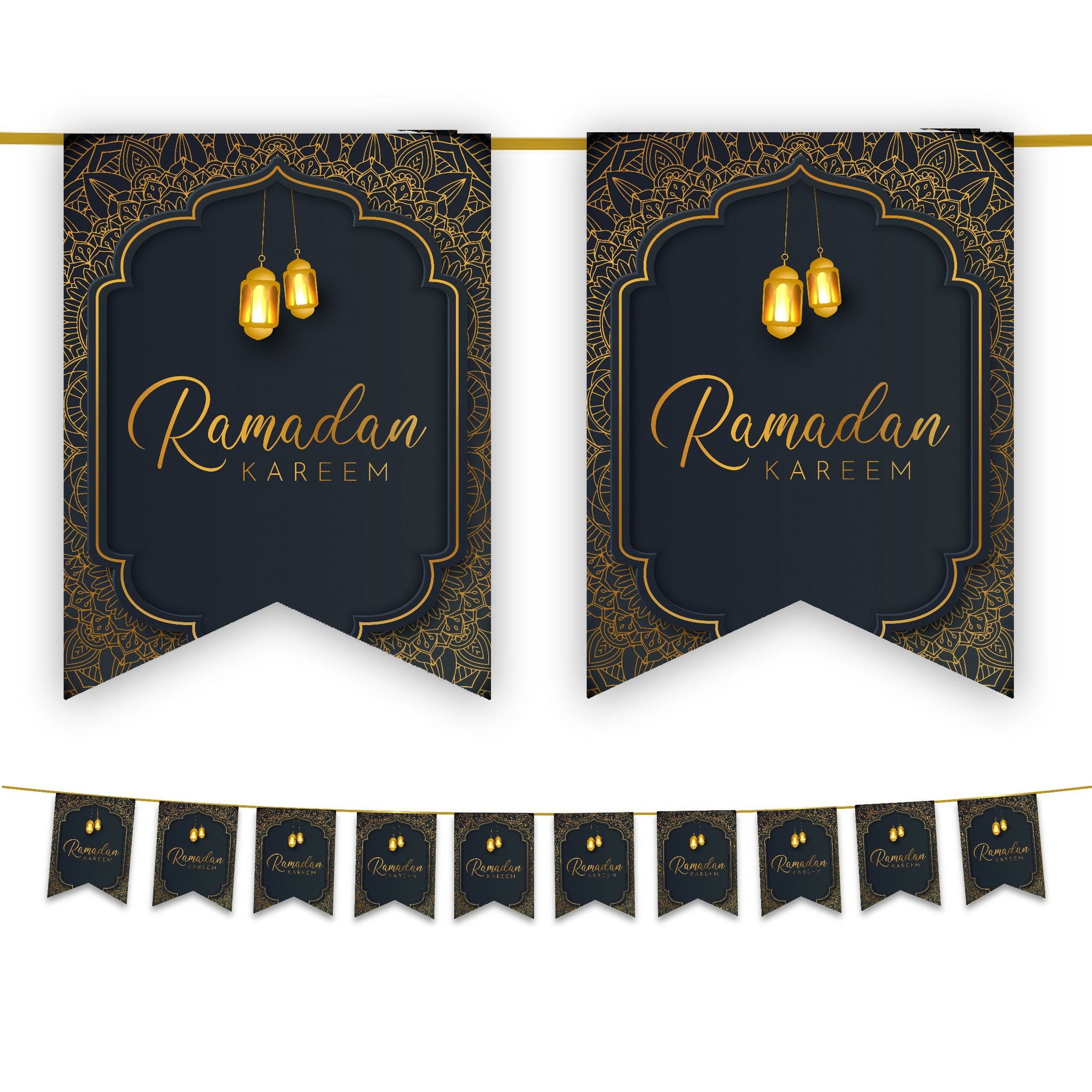 Ramadan Kareem Bunting - Black & Gold Geometric Lanterns Frame Flags Decoration