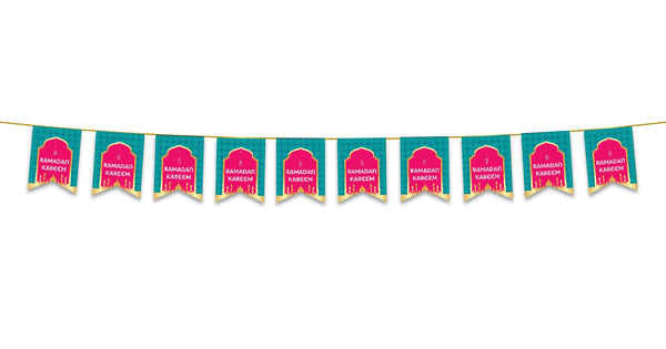 Ramadan Kareem Bunting - Teal & Pink Geometric Archway Mosque Flags Decoration