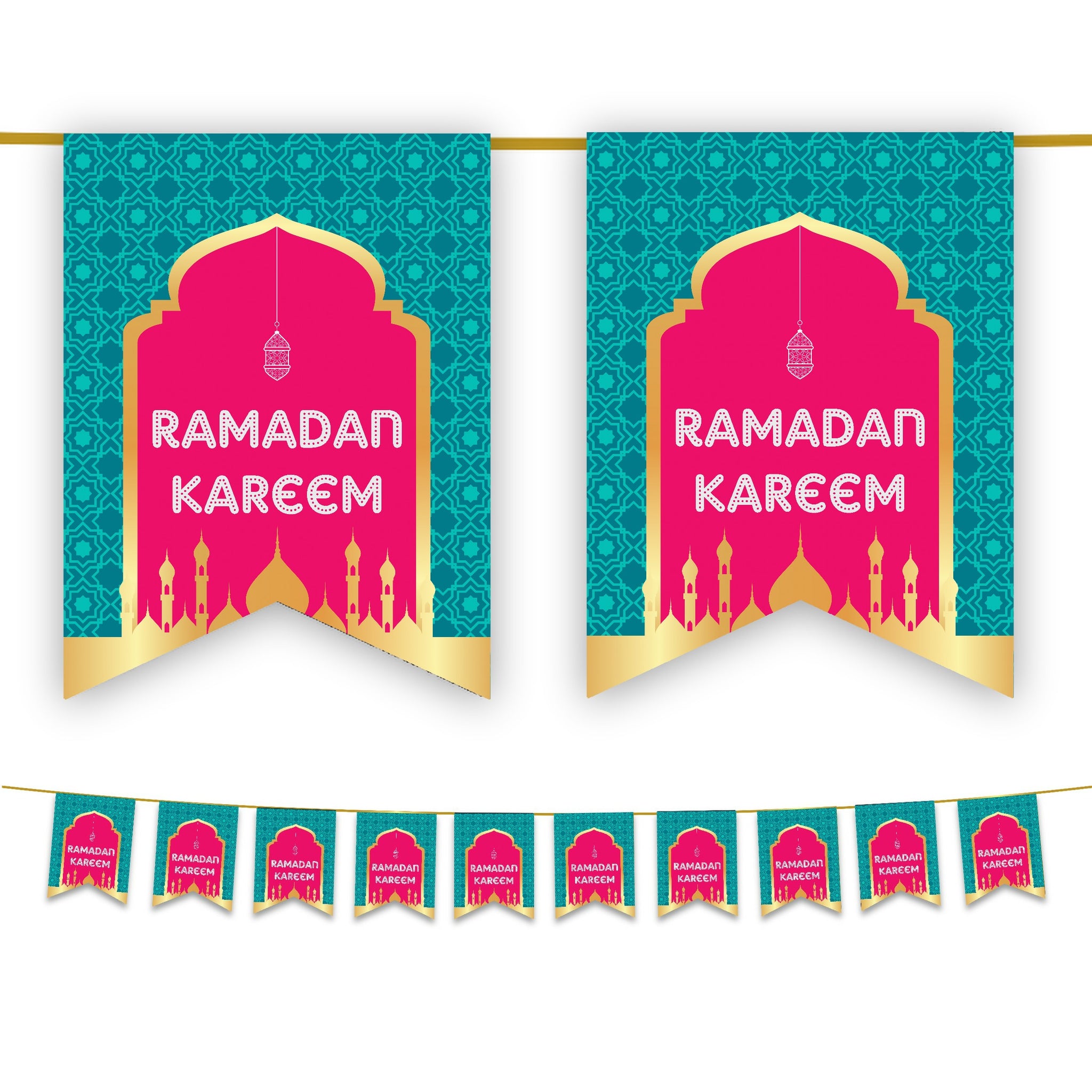 Ramadan Kareem Bunting - Teal & Pink Geometric Archway Mosque Flags Decoration