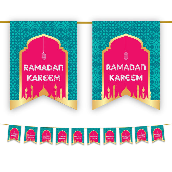 Ramadan Kareem Bunting - Teal & Pink Geometric Archway Mosque Flags Decoration