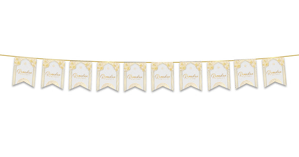 Ramadan Kareem Bunting - White & Gold Geometric Arabesque Archway Flags Decoration