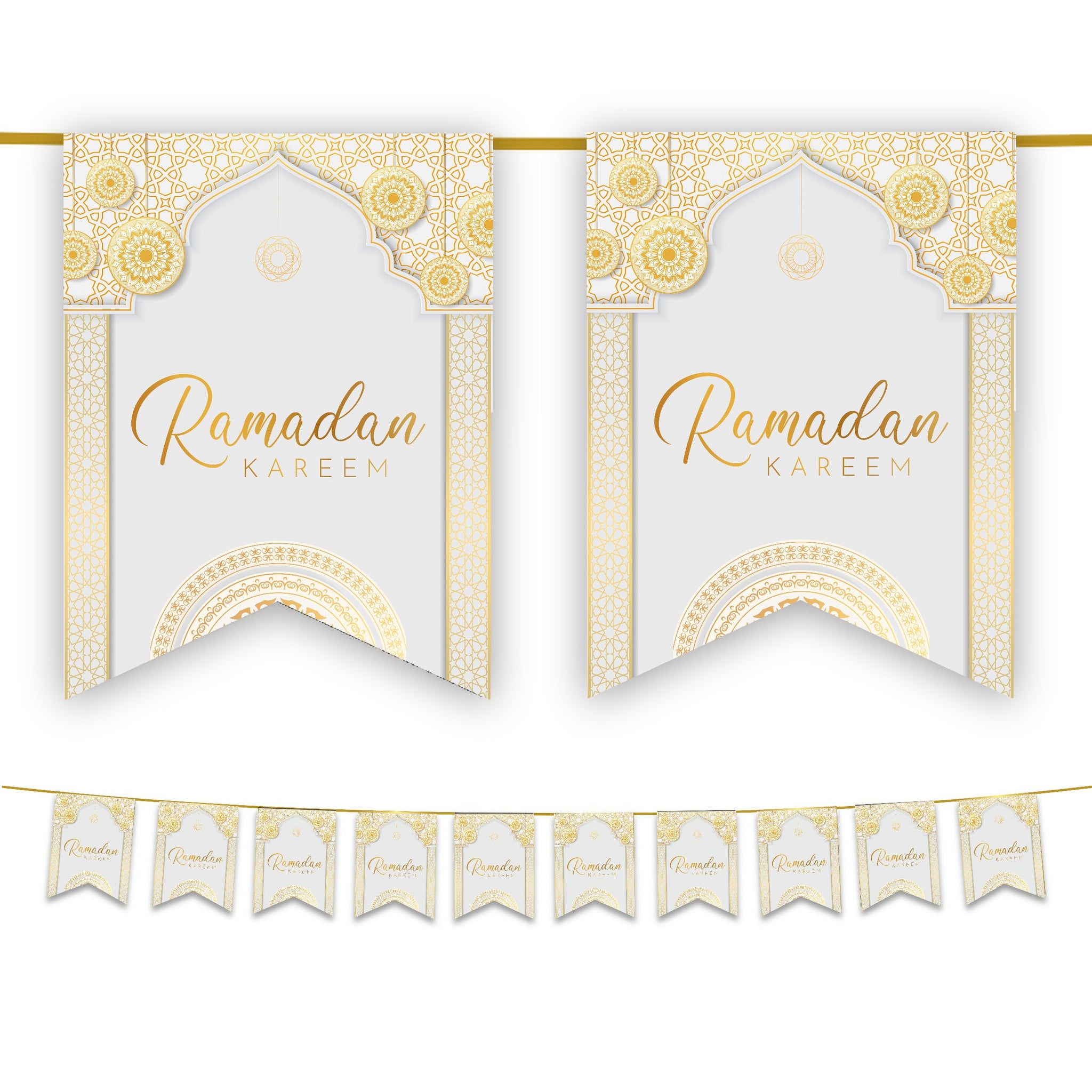 Ramadan Kareem Bunting - White & Gold Geometric Arabesque Archway Flags Decoration