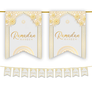 Ramadan Kareem Bunting - White & Gold Geometric Arabesque Archway Flags Decoration