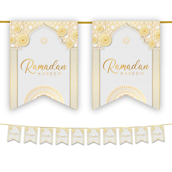 Ramadan Kareem Bunting - White & Gold Geometric Arabesque Archway Flags Decoration