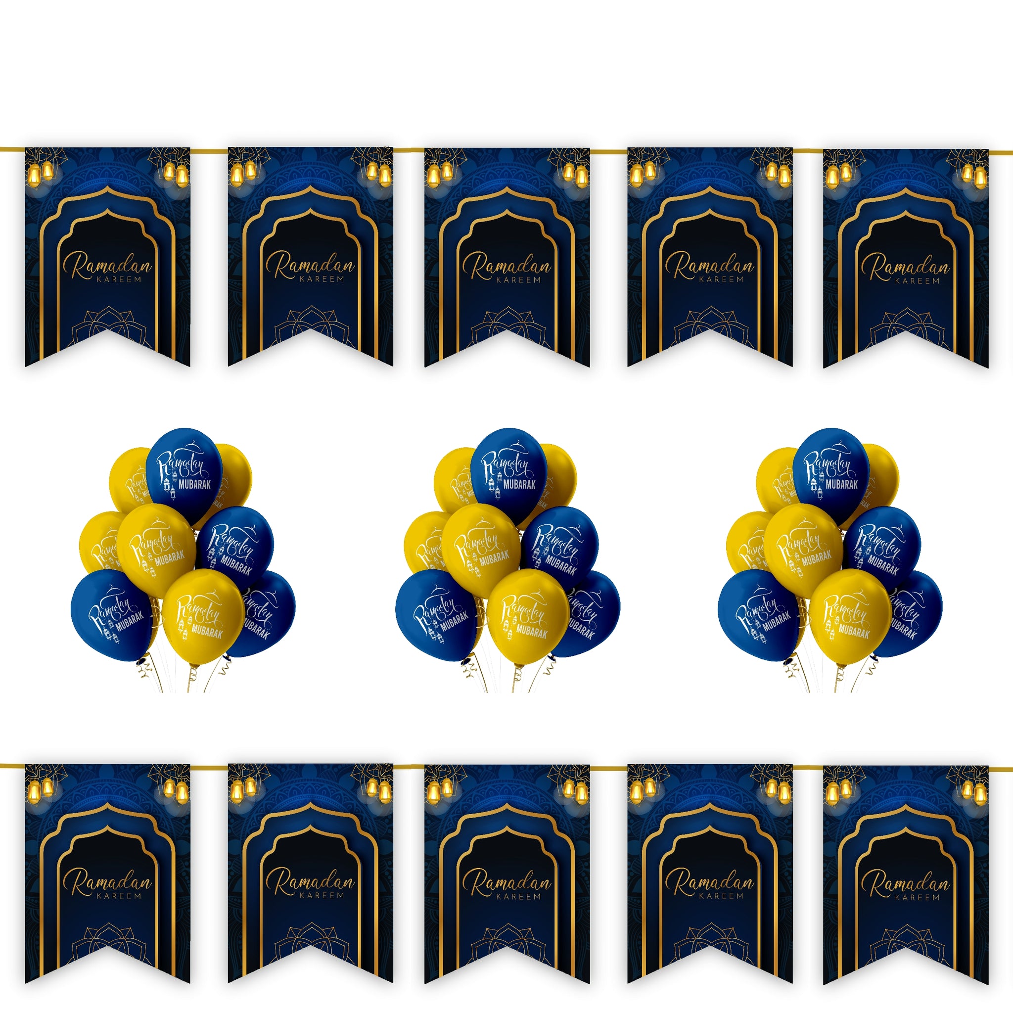 Ramadan Kareem 20 pc Decoration Set - Navy & Gold Hanging Lanterns Archway