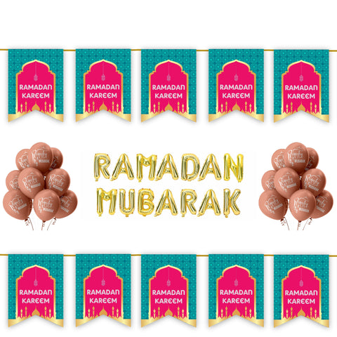 Ramadan Kareem 34 pc Decoration Set - Teal & Pink Geometric Archway Mosque