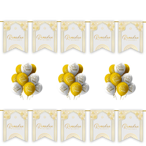 Ramadan Kareem 20 pc Decoration Set - White & Gold Geometric Arabesque Archway