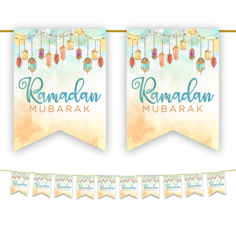Ramadan Mubarak Bunting - Lanterns Watercolour Flags Decoration
