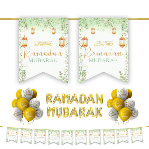 Ramadan Mubarak 34 pc Decoration Set - Green Floral Lanterns