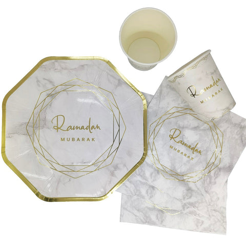 Ramadan Mubarak Plate, Cup and Napkin Set - White & Gold Marble