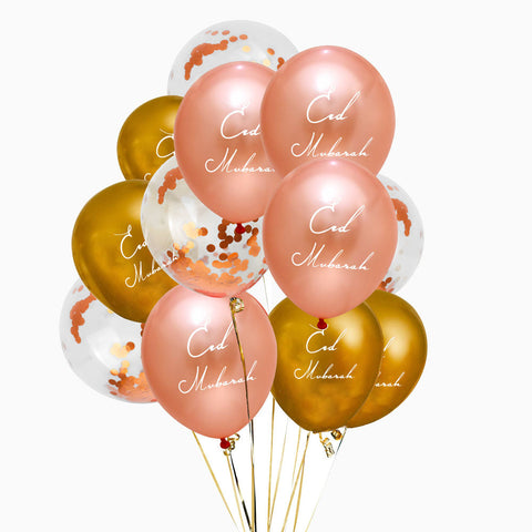 Eid Mubarak Balloons - Minimalist - Rose Gold, Clear & Gold Confetti