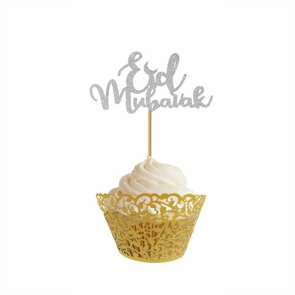 Eid Mubarak Glitter Cupcake Toppers (Pack of 10) - Silver